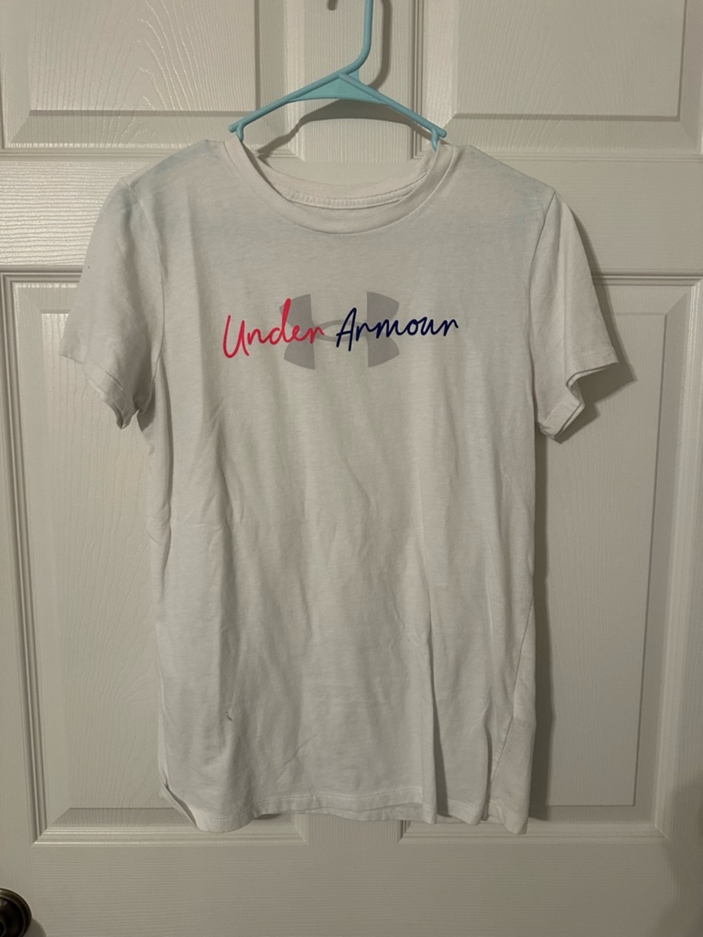 Under Armour White Tee with Pink & Navy Script